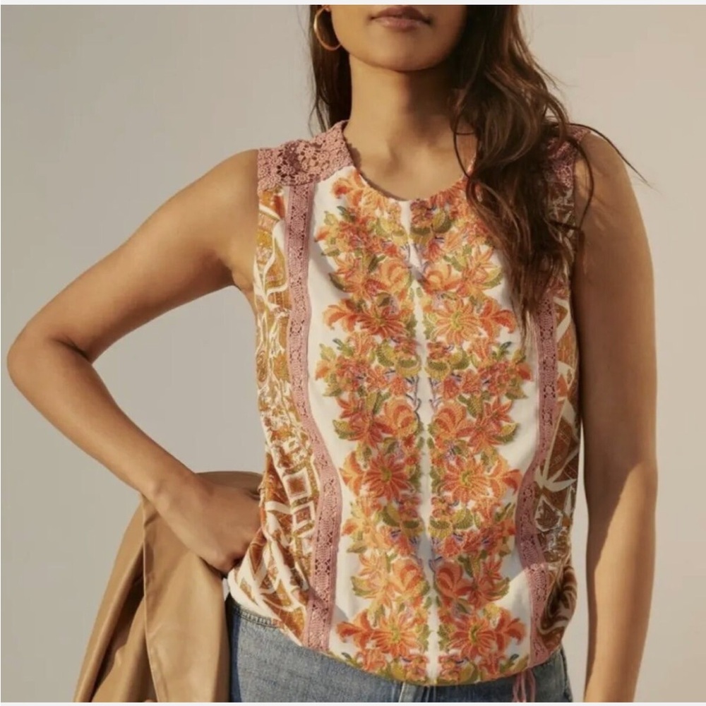 Anthropologie TINY Embroidered Floral Sleeveless Top